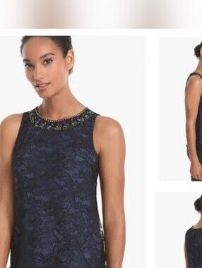 White House Black Market Navy Lace Tank with Beaded Neckline